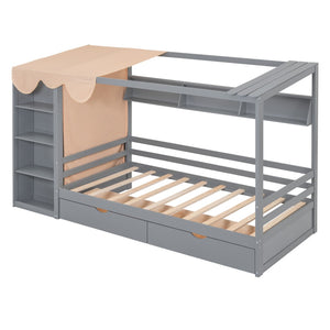 HomeRoots Gray Wood Twin House Bed with Drawers - Stylish Cozy Design, Space-Saving Storage & Sturdy Support 590680