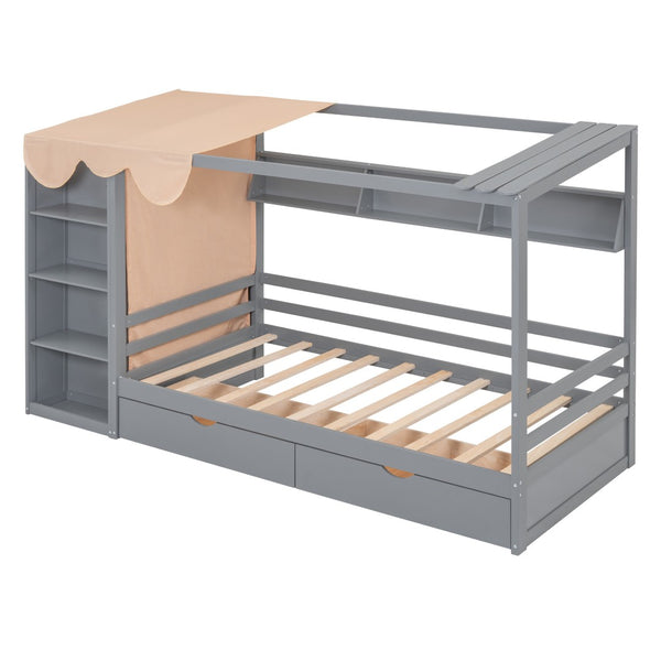 HomeRoots Gray Wood Twin House Bed with Drawers - Stylish Cozy Design, Space-Saving Storage & Sturdy Support 590680