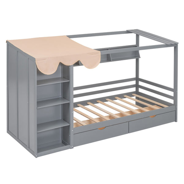 HomeRoots Gray Wood Twin House Bed with Drawers - Stylish Cozy Design, Space-Saving Storage & Sturdy Support 590680
