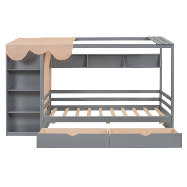 HomeRoots Gray Wood Twin House Bed with Drawers - Stylish Cozy Design, Space-Saving Storage & Sturdy Support 590680