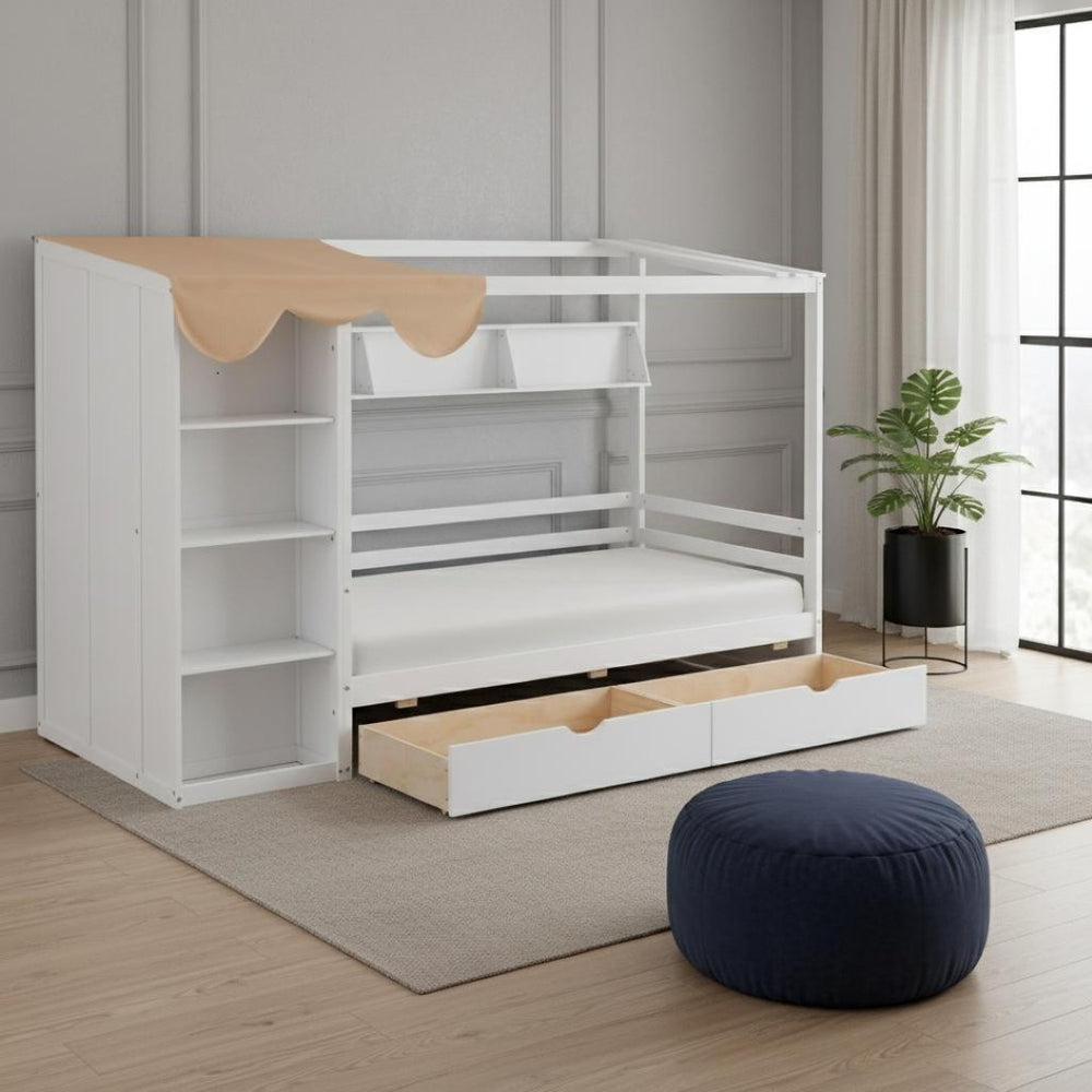HomeRoots White Wooden Twin House Bed with Storage Drawers - Charming Design, Durable Comfort, Easy Assembly! 590681