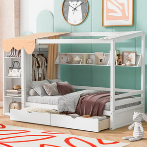 HomeRoots White Wooden Twin House Bed with Storage Drawers - Charming Design, Durable Comfort, Easy Assembly! 590681