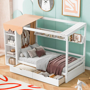 HomeRoots White Wooden Twin House Bed with Storage Drawers - Charming Design, Durable Comfort, Easy Assembly! 590681