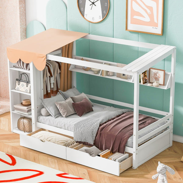 HomeRoots White Wooden Twin House Bed with Storage Drawers - Charming Design, Durable Comfort, Easy Assembly! 590681