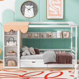 HomeRoots White Wooden Twin House Bed with Storage Drawers - Charming Design, Durable Comfort, Easy Assembly! 590681