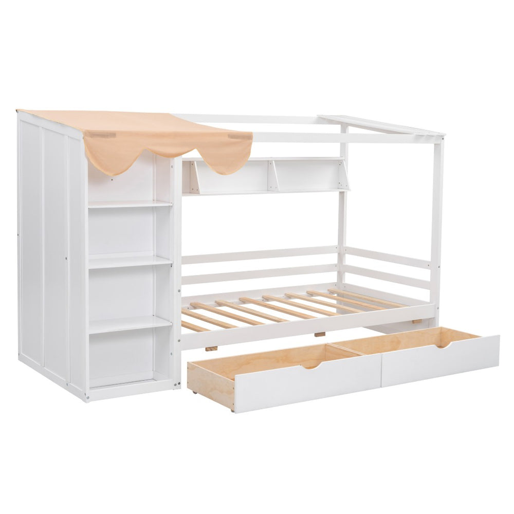 HomeRoots White Wooden Twin House Bed with Storage Drawers - Charming Design, Durable Comfort, Easy Assembly! 590681