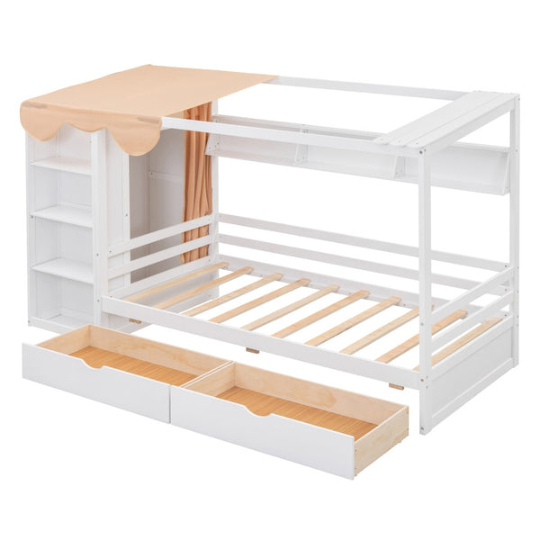 HomeRoots White Wooden Twin House Bed with Storage Drawers - Charming Design, Durable Comfort, Easy Assembly! 590681