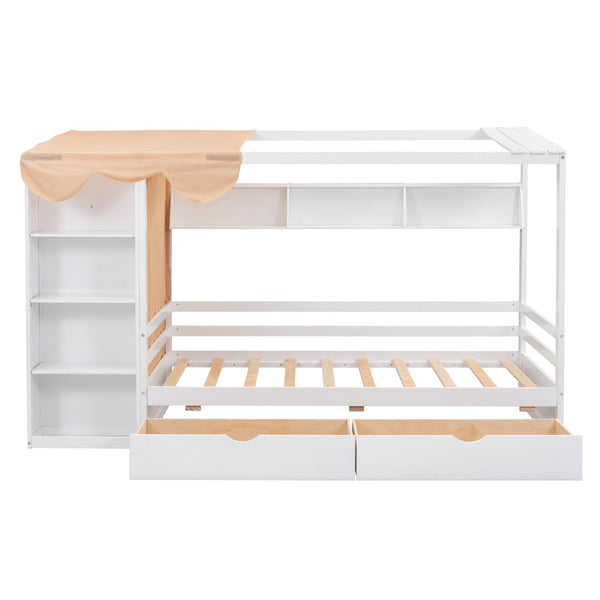 HomeRoots White Wooden Twin House Bed with Storage Drawers - Charming Design, Durable Comfort, Easy Assembly! 590681