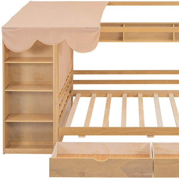 HomeRoots Natural Wood Full House Bed with Integrated Drawers for Stylish Storage and Supportive Sleep Space 590682