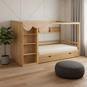 HomeRoots Natural Wood Full House Bed with Integrated Drawers for Stylish Storage and Supportive Sleep Space 590682