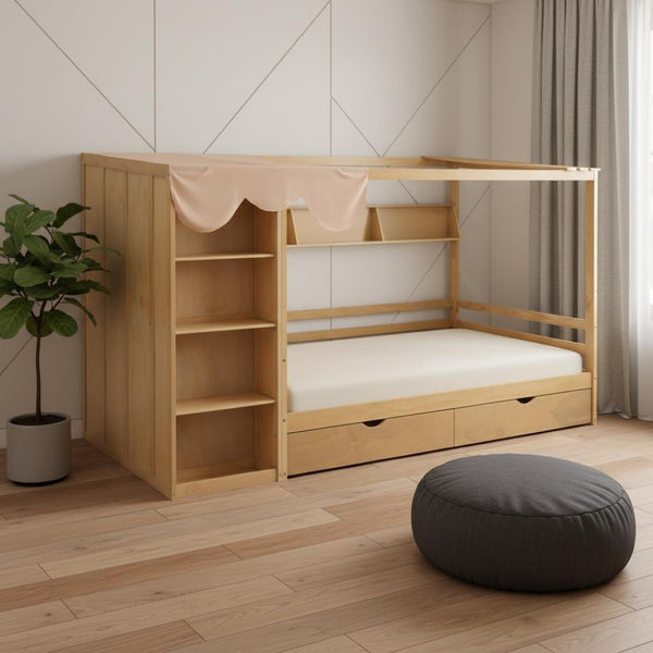 HomeRoots Natural Wood Full House Bed with Integrated Drawers for Stylish Storage and Supportive Sleep Space 590682