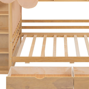 HomeRoots Natural Wood Full House Bed with Integrated Drawers for Stylish Storage and Supportive Sleep Space 590682