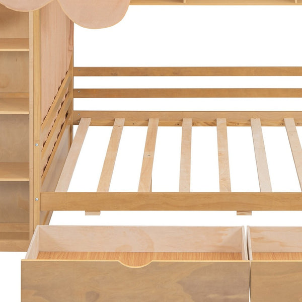 HomeRoots Natural Wood Full House Bed with Integrated Drawers for Stylish Storage and Supportive Sleep Space 590682