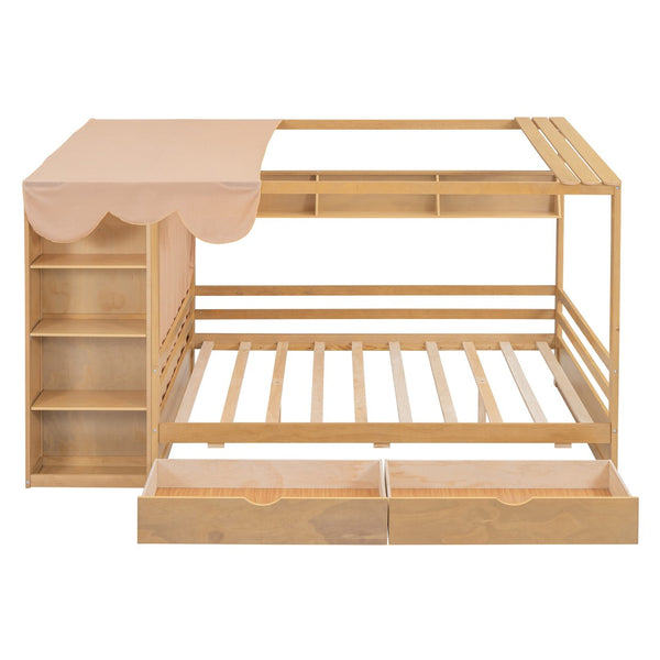 HomeRoots Natural Wood Full House Bed with Integrated Drawers for Stylish Storage and Supportive Sleep Space 590682