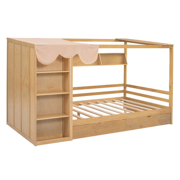HomeRoots Natural Wood Full House Bed with Integrated Drawers for Stylish Storage and Supportive Sleep Space 590682