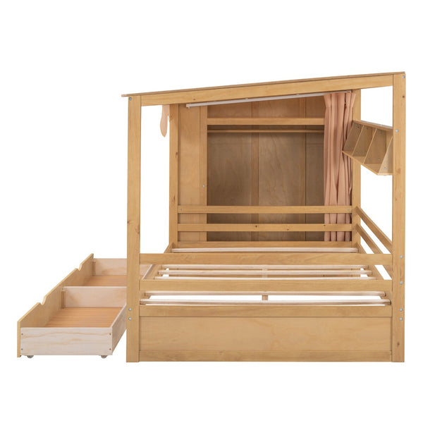 HomeRoots Natural Wood Full House Bed with Integrated Drawers for Stylish Storage and Supportive Sleep Space 590682