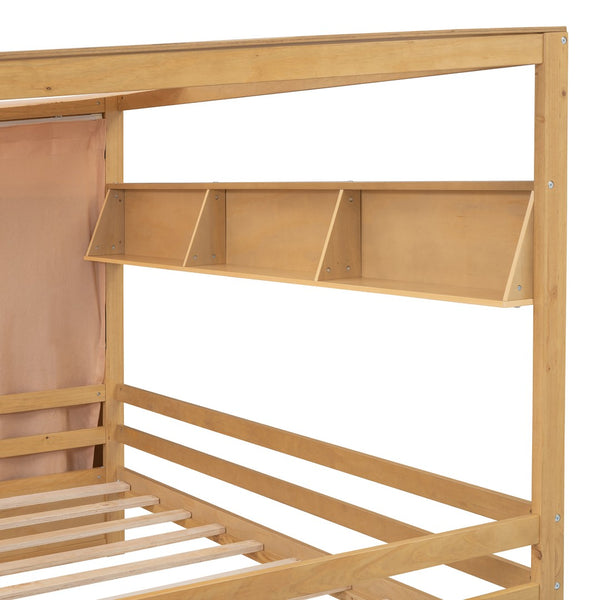 HomeRoots Natural Wood Full House Bed with Integrated Drawers for Stylish Storage and Supportive Sleep Space 590682