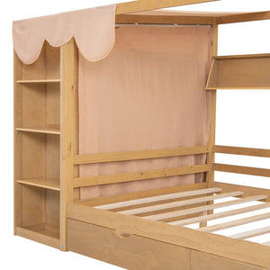 HomeRoots Natural Wood Full House Bed with Integrated Drawers for Stylish Storage and Supportive Sleep Space 590682