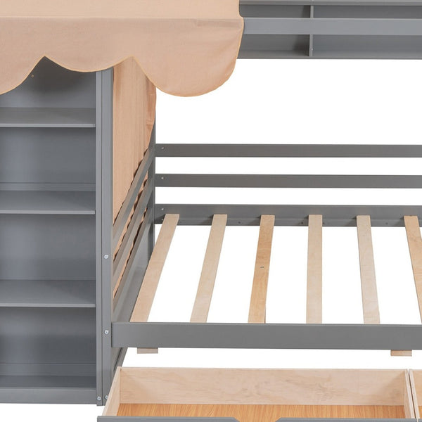 HomeRoots Gray Wood Full House Bed with Integrated Storage Drawers - Modern Design for Stylish Bedrooms 590683