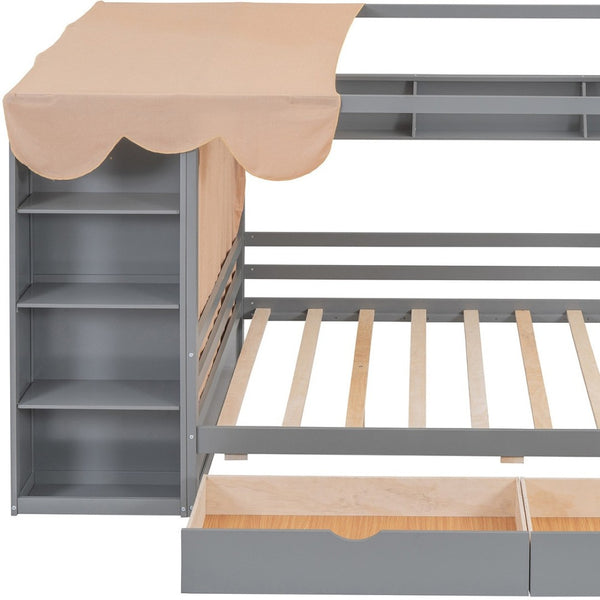 HomeRoots Gray Wood Full House Bed with Integrated Storage Drawers - Modern Design for Stylish Bedrooms 590683