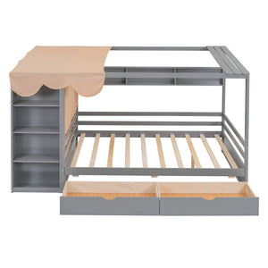 HomeRoots Gray Wood Full House Bed with Integrated Storage Drawers - Modern Design for Stylish Bedrooms 590683