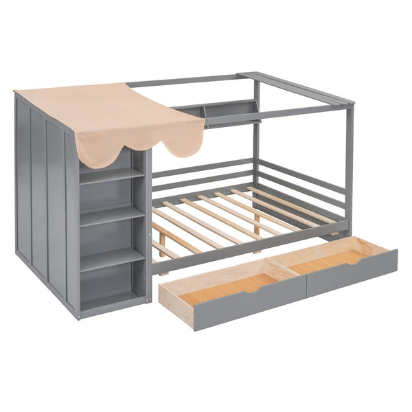 HomeRoots Gray Wood Full House Bed with Integrated Storage Drawers - Modern Design for Stylish Bedrooms 590683