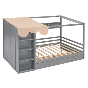 HomeRoots Gray Wood Full House Bed with Integrated Storage Drawers - Modern Design for Stylish Bedrooms 590683