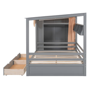 HomeRoots Gray Wood Full House Bed with Integrated Storage Drawers - Modern Design for Stylish Bedrooms 590683