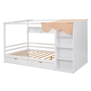 HomeRoots White Wood Full House Bed with Integrated Drawers - Stylish Storage & Support for Cozy Bedrooms 590684