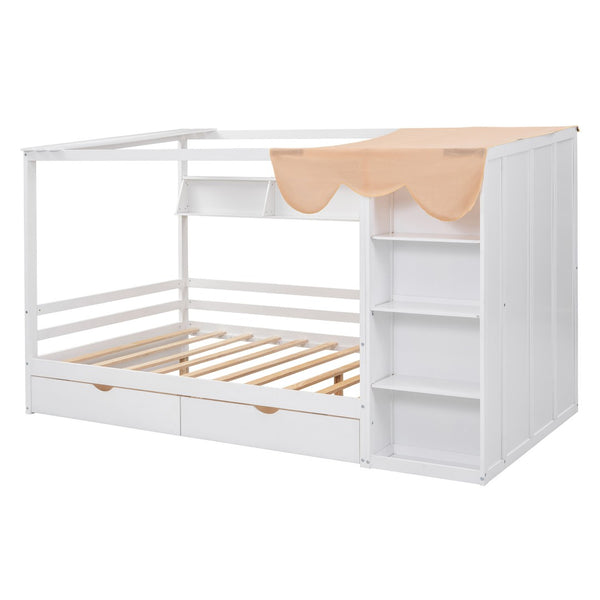 HomeRoots White Wood Full House Bed with Integrated Drawers - Stylish Storage & Support for Cozy Bedrooms 590684