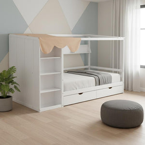 HomeRoots White Wood Full House Bed with Integrated Drawers - Stylish Storage & Support for Cozy Bedrooms 590684