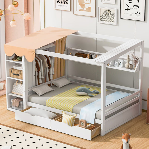 HomeRoots White Wood Full House Bed with Integrated Drawers - Stylish Storage & Support for Cozy Bedrooms 590684