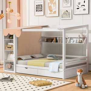HomeRoots White Wood Full House Bed with Integrated Drawers - Stylish Storage & Support for Cozy Bedrooms 590684