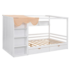 HomeRoots White Wood Full House Bed with Integrated Drawers - Stylish Storage & Support for Cozy Bedrooms 590684