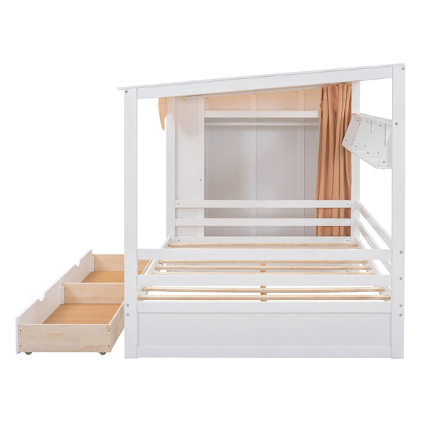 HomeRoots White Wood Full House Bed with Integrated Drawers - Stylish Storage & Support for Cozy Bedrooms 590684