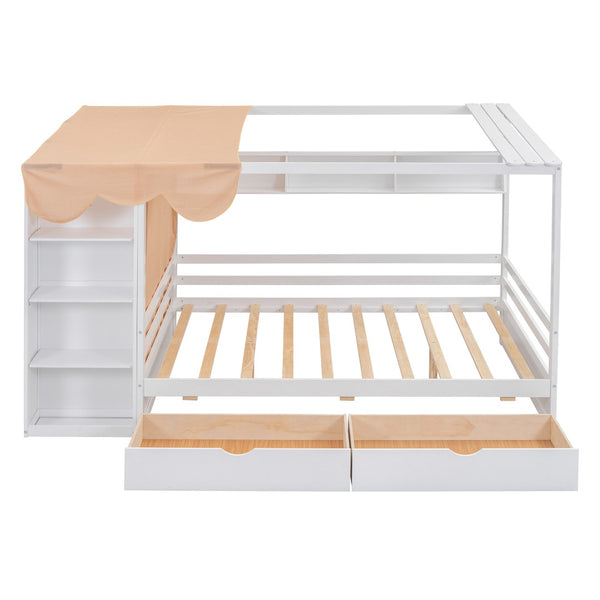 HomeRoots White Wood Full House Bed with Integrated Drawers - Stylish Storage & Support for Cozy Bedrooms 590684