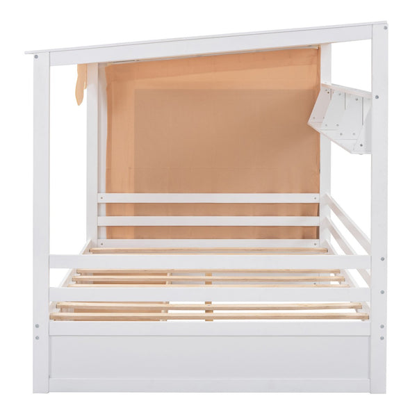 HomeRoots White Wood Full House Bed with Integrated Drawers - Stylish Storage & Support for Cozy Bedrooms 590684