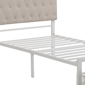 HomeRoots Beige Linen Upholstered Twin Bed Frame with Tufted Headboard & Storage Drawer for Small Spaces 590688