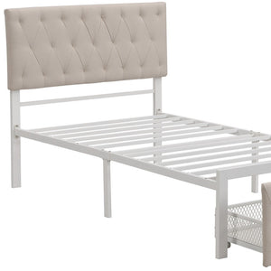 HomeRoots Beige Linen Upholstered Twin Bed Frame with Tufted Headboard & Storage Drawer for Small Spaces 590688