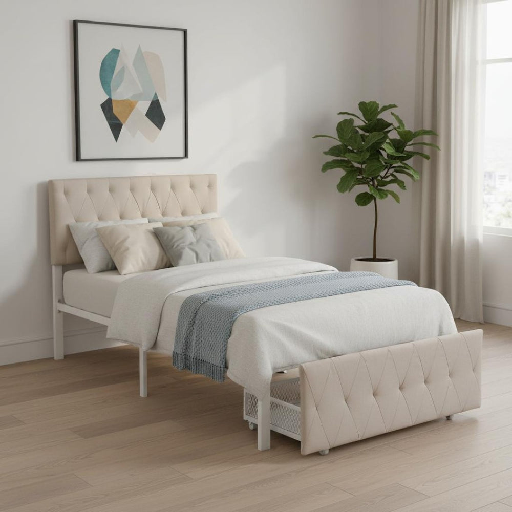 HomeRoots Beige Linen Upholstered Twin Bed Frame with Tufted Headboard & Storage Drawer for Small Spaces 590688