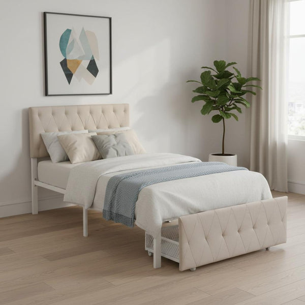 HomeRoots Beige Linen Upholstered Twin Bed Frame with Tufted Headboard & Storage Drawer for Small Spaces 590688