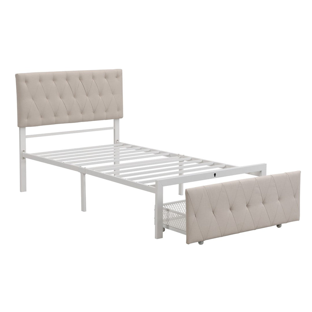 HomeRoots Beige Linen Upholstered Twin Bed Frame with Tufted Headboard & Storage Drawer for Small Spaces 590688