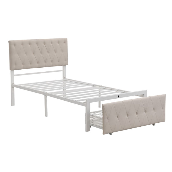 HomeRoots Beige Linen Upholstered Twin Bed Frame with Tufted Headboard & Storage Drawer for Small Spaces 590688