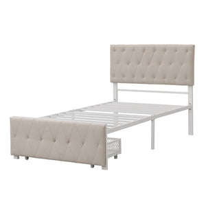 HomeRoots Beige Linen Upholstered Twin Bed Frame with Tufted Headboard & Storage Drawer for Small Spaces 590688