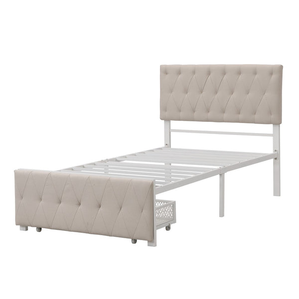 HomeRoots Beige Linen Upholstered Twin Bed Frame with Tufted Headboard & Storage Drawer for Small Spaces 590688