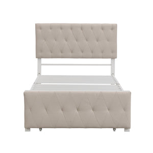 HomeRoots Beige Linen Upholstered Twin Bed Frame with Tufted Headboard & Storage Drawer for Small Spaces 590688