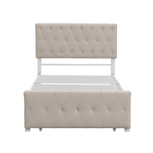 HomeRoots Beige Linen Upholstered Twin Bed Frame with Tufted Headboard & Storage Drawer for Small Spaces 590688