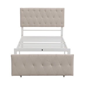 HomeRoots Beige Linen Upholstered Twin Bed Frame with Tufted Headboard & Storage Drawer for Small Spaces 590688