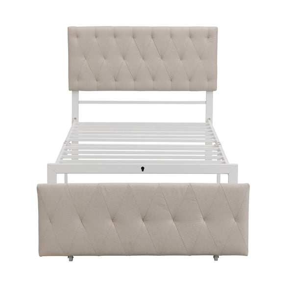 HomeRoots Beige Linen Upholstered Twin Bed Frame with Tufted Headboard & Storage Drawer for Small Spaces 590688