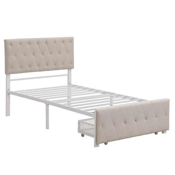 HomeRoots Beige Linen Upholstered Twin Bed Frame with Tufted Headboard & Storage Drawer for Small Spaces 590688